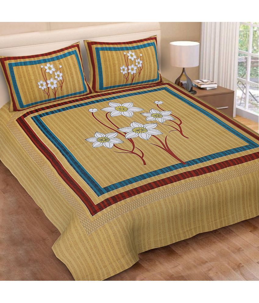     			Poorak Cotton Abstract Printed 1 Double Bedsheet with 2 Pillow Covers - Yellow