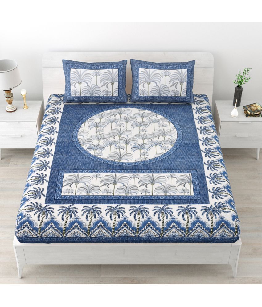     			Poorak Cotton Abstract Printed 1 Double Bedsheet with 2 Pillow Covers - Blue