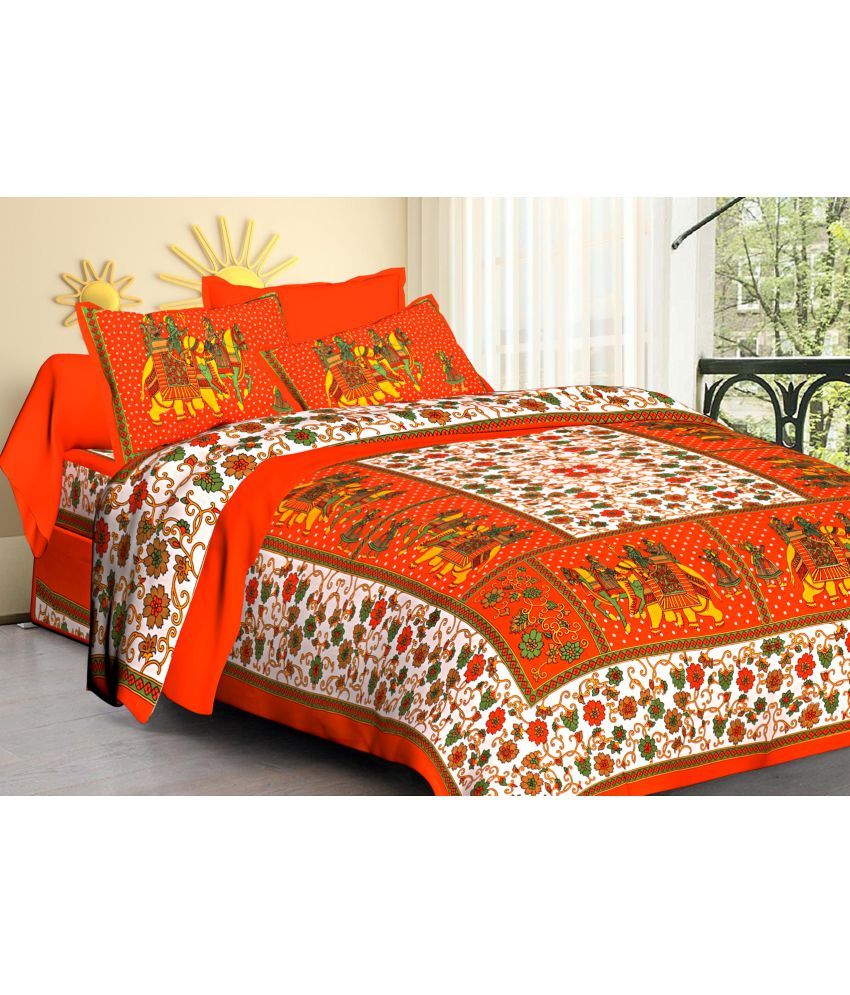     			Poorak Cotton Abstract Printed 1 Double Bedsheet with 2 Pillow Covers - Orange