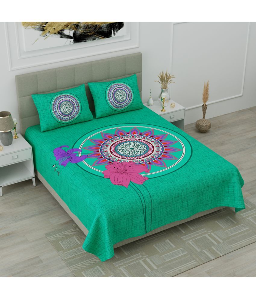     			Poorak Cotton Abstract Printed 1 Double Bedsheet with 2 Pillow Covers - Green