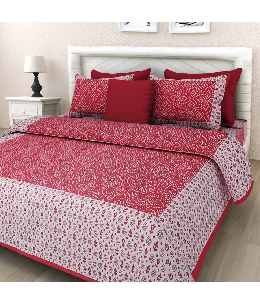     			Poorak Cotton Abstract Printed 1 Double Bedsheet with 2 Pillow Covers - Red