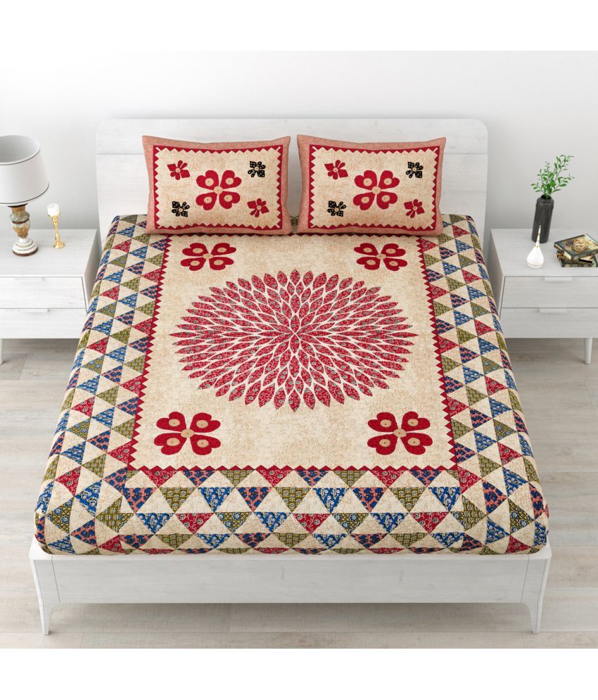     			Poorak Cotton Abstract Printed 1 Double Bedsheet with 2 Pillow Covers - Red