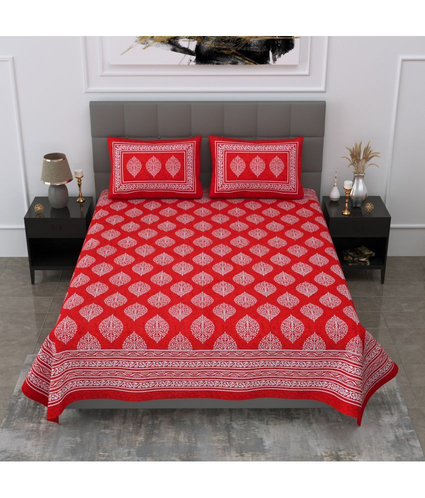     			Poorak Cotton Abstract Printed 1 Double Bedsheet with 2 Pillow Covers - Red