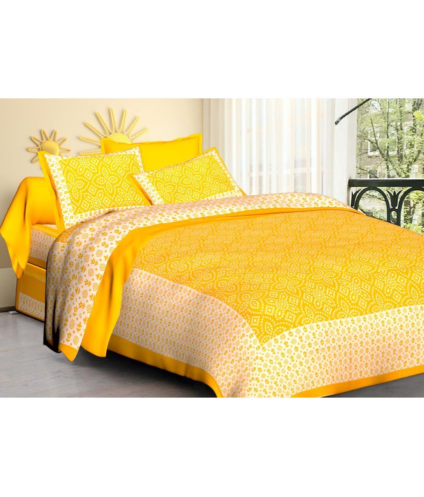     			Poorak Cotton Abstract Printed 1 Double Bedsheet with 2 Pillow Covers - Yellow