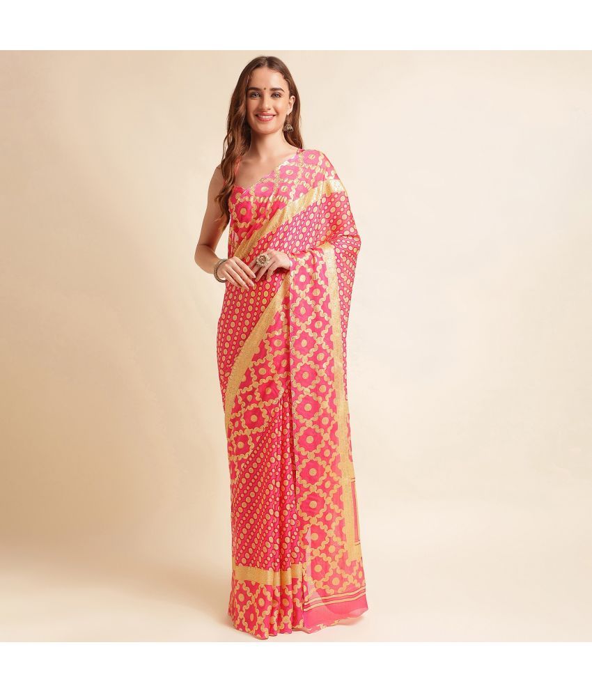     			Rekha Maniyar Chiffon Printed Saree With Blouse Piece - Pink ( Pack of 1 )