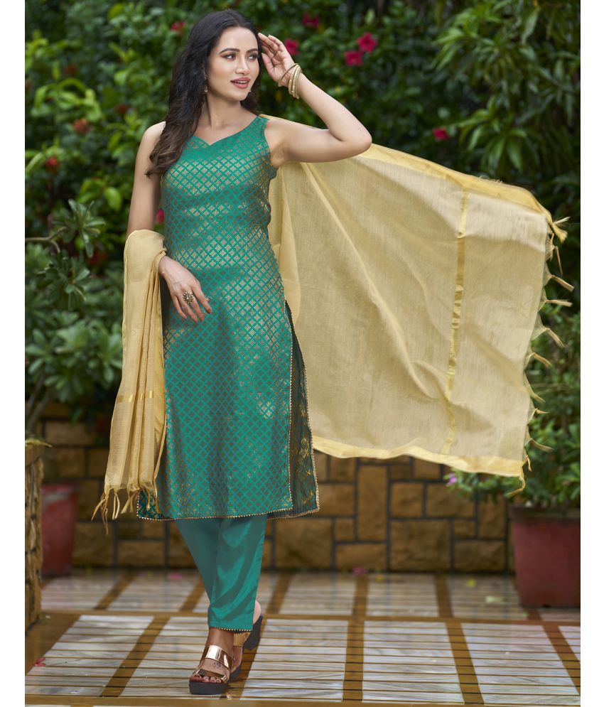     			Skylee Banarasi Self Design Kurti With Pants Women's Stitched Salwar Suit - Teal ( Pack of 1 )