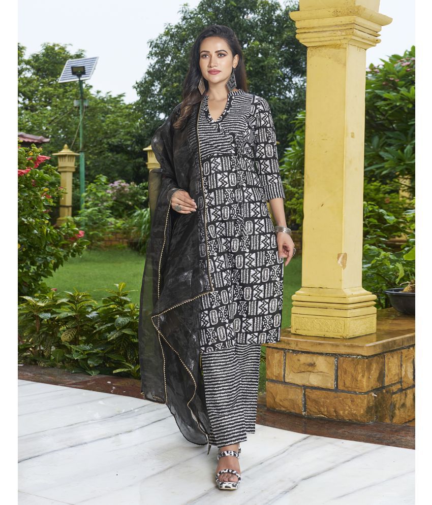     			Skylee Cotton Blend Printed Kurti With Pants Women's Stitched Salwar Suit - Black ( Pack of 1 )