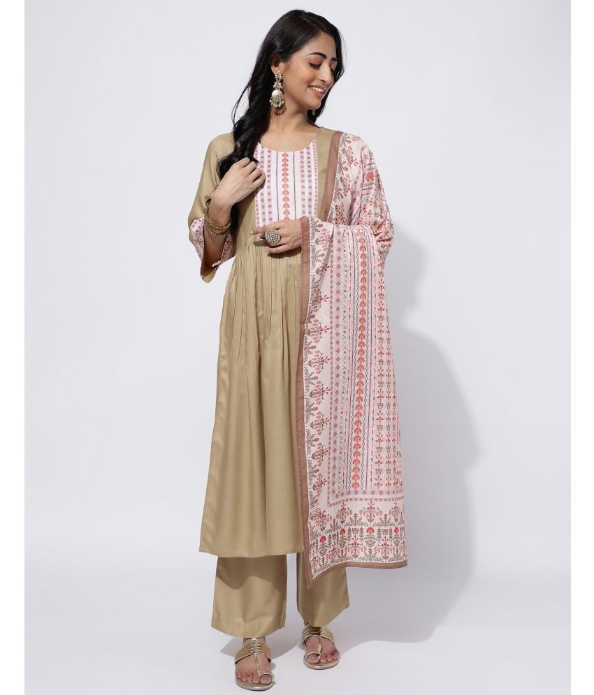     			Skylee Rayon Printed Kurti With Palazzo Women's Stitched Salwar Suit - Beige ( Pack of 1 )