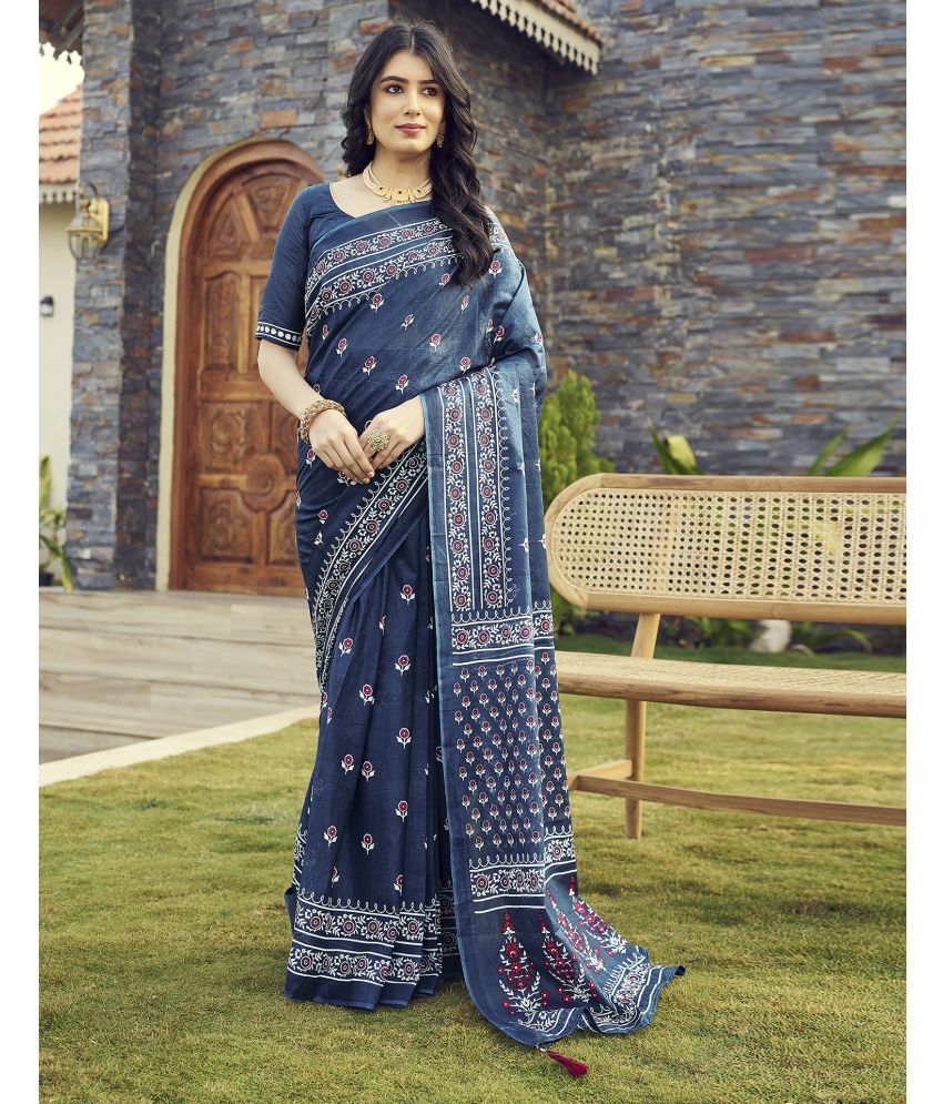     			Satrani Cotton Printed Saree With Blouse Piece - Blue ( Pack of 1 )