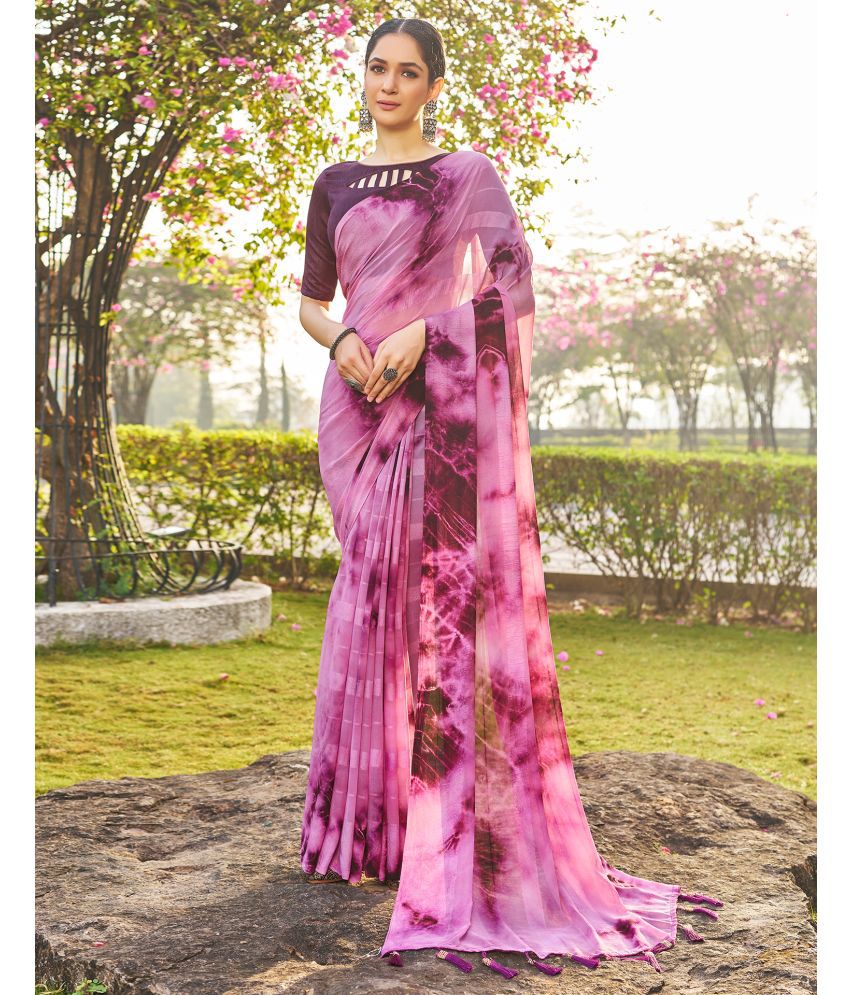     			Satrani Georgette Printed Saree With Blouse Piece - Pink ( Pack of 1 )