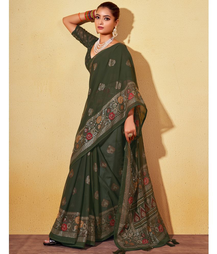     			Satrani Georgette Printed Saree With Blouse Piece - Olive ( Pack of 1 )