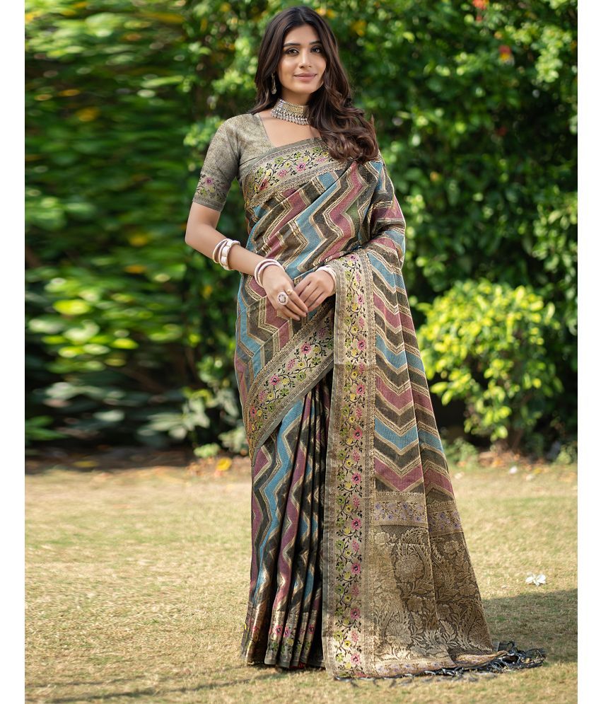     			Satrani Organza Woven Saree With Blouse Piece - Multicolour ( Pack of 1 )