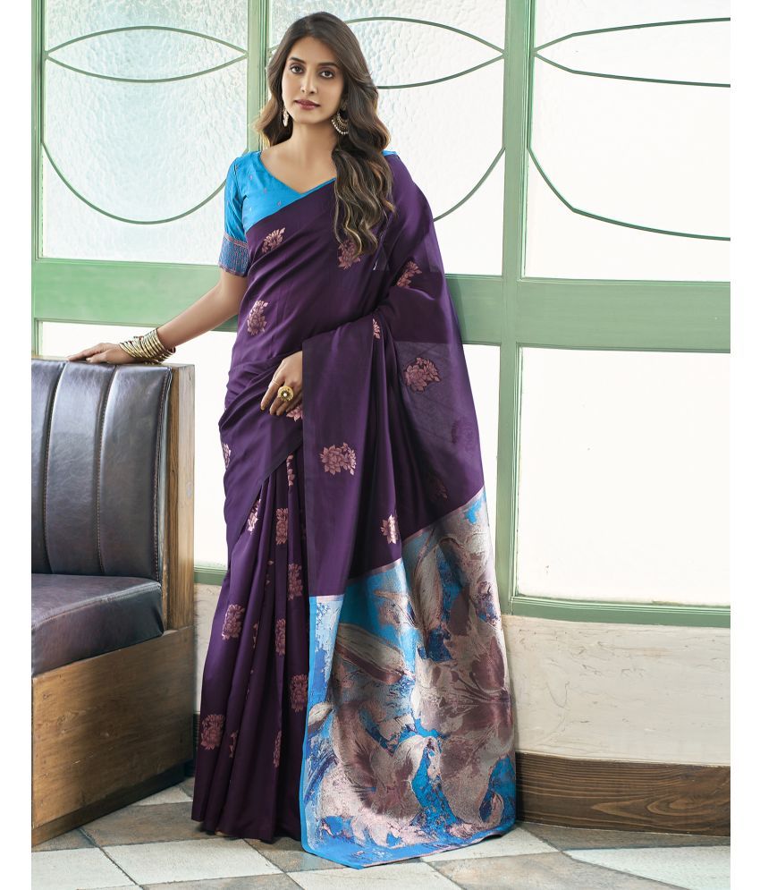     			Satrani Silk Woven Saree With Blouse Piece - Purple ( Pack of 1 )