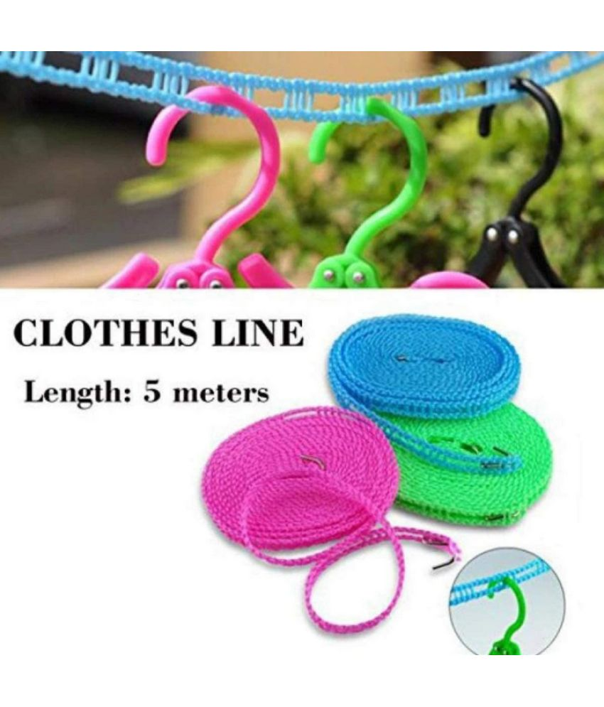     			5 Meters Windproof Anti-Slip Clothes Washing Line Drying Nylon Rope with Hooks 5 Meter Nylon Clothesline Rope (pack of 3)