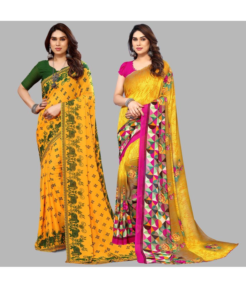     			Kashvi Sarees Georgette Printed Saree With Blouse Piece - Multicolour ( Pack of 2 )