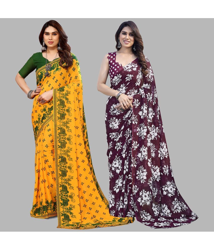     			Kashvi Sarees Georgette Printed Saree With Blouse Piece - Multicolour ( Pack of 2 )