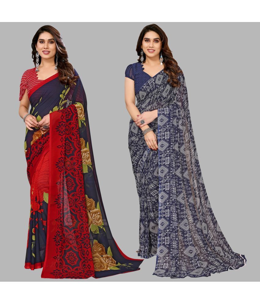     			Kashvi Sarees Georgette Printed Saree With Blouse Piece - Multicolour ( Pack of 2 )