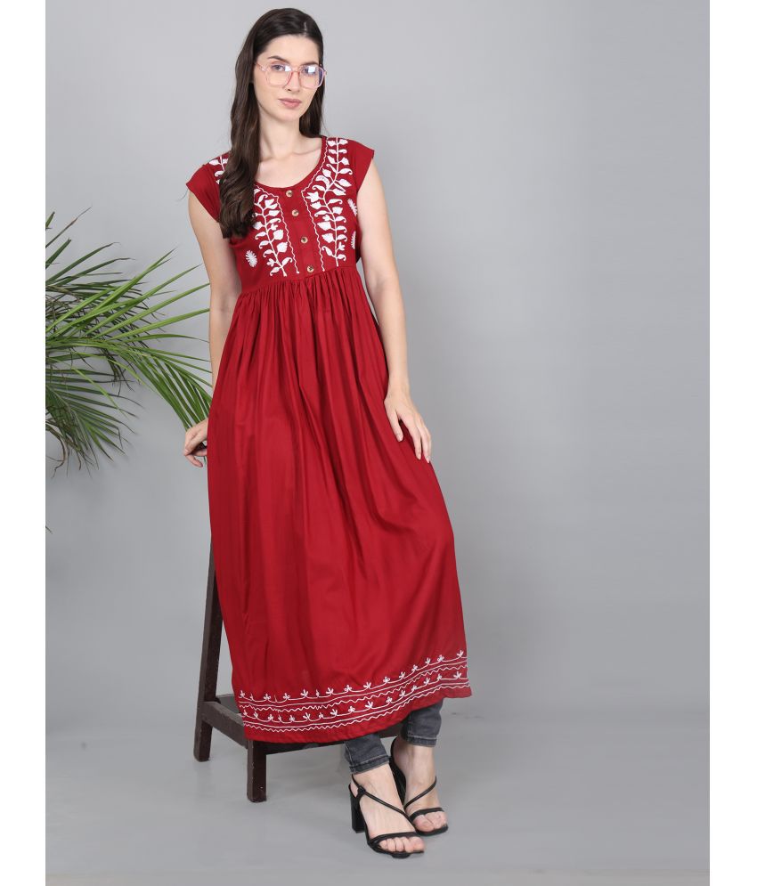    			Morewill Rayon Embroidered Flared Women's Kurti - Maroon ( Pack of 1 )