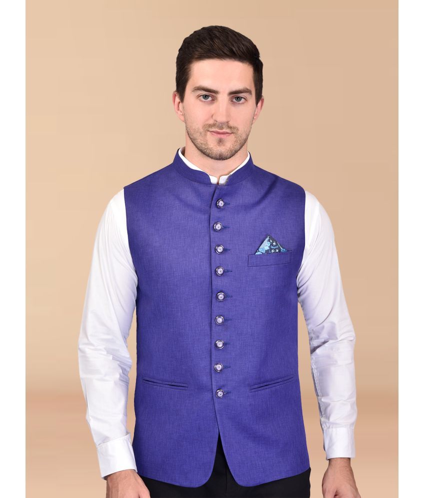     			PRINTCULTR Blue Cotton Blend Men's Nehru Jacket ( Pack of 1 )