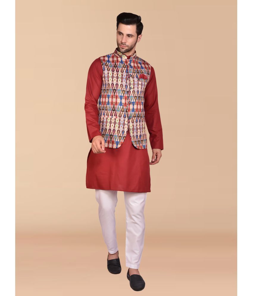     			PRINTCULTR Maroon Cotton Regular Fit Men's Kurta Pyjama Set ( Pack of 1 )