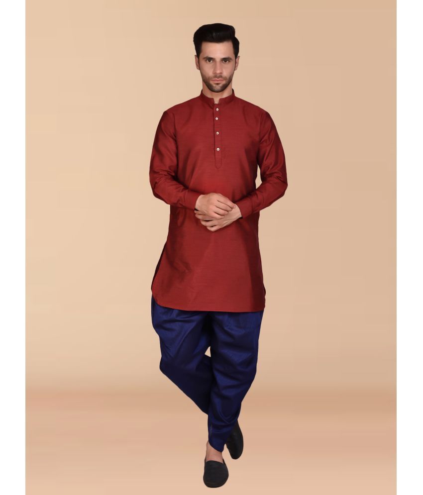     			PRINTCULTR Maroon Silk Regular Fit Men's Dhoti Kurta Set ( Pack of 1 )