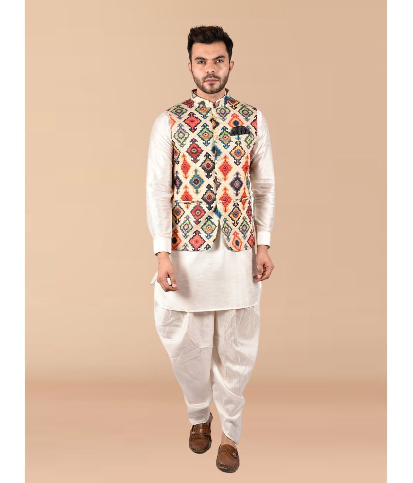     			PRINTCULTR White Silk Regular Fit Men's Dhoti Kurta Set ( Pack of 1 )