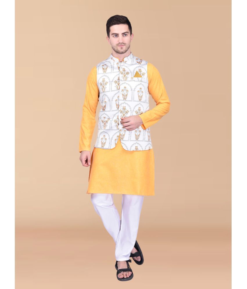     			PRINTCULTR Yellow Cotton Regular Fit Men's Kurta Pyjama Set ( Pack of 1 )