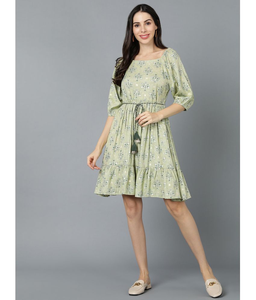     			Vaamsi Cotton Printed Above Knee Women's Fit & Flare Dress - Green ( Pack of 1 )