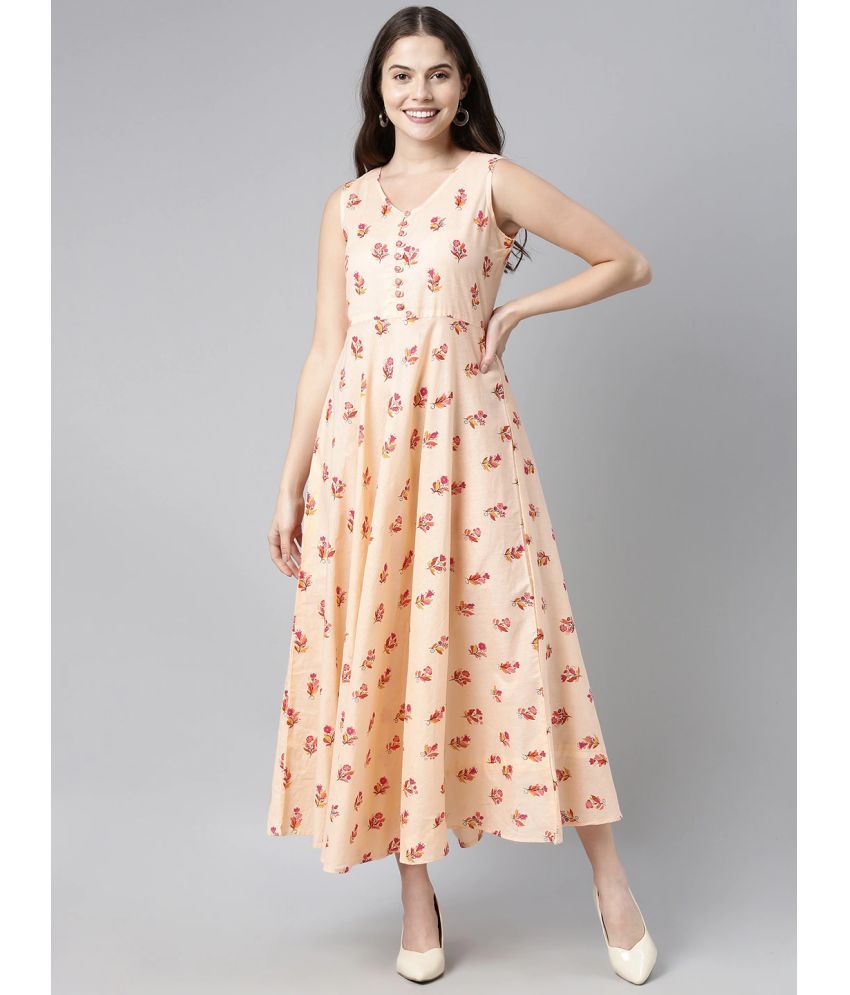     			Vaamsi Cotton Printed Full Length Women's Fit & Flare Dress - Peach ( Pack of 1 )