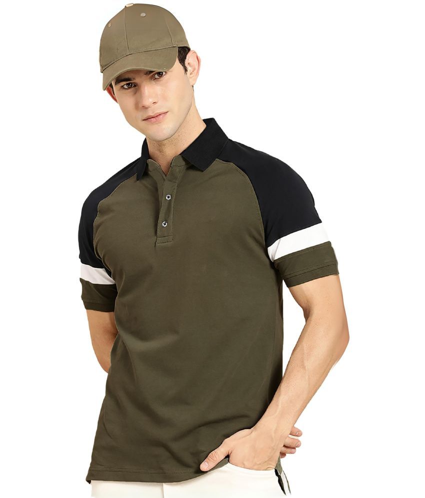     			Leotude Cotton Blend Regular Fit Colorblock Half Sleeves Men's T-Shirt - Olive ( Pack of 1 )