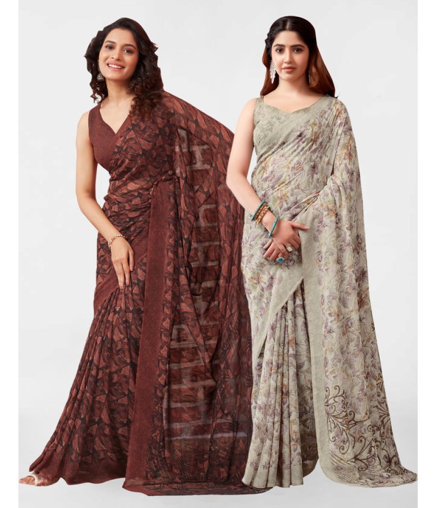     			Samah Georgette Printed Saree With Blouse Piece - Beige ( Pack of 2 )