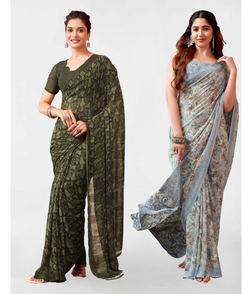     			Samah Georgette Printed Saree With Blouse Piece - Grey ( Pack of 2 )