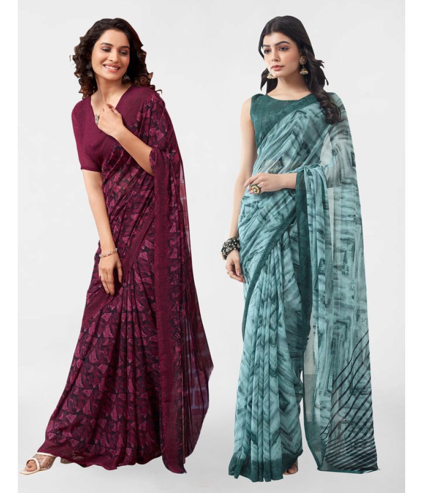     			Samah Georgette Printed Saree With Blouse Piece - Teal ( Pack of 2 )