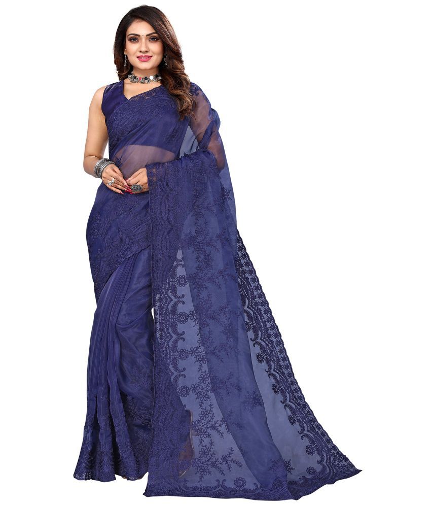     			Samah Organza Embroidered Saree With Blouse Piece - Navy Blue ( Pack of 1 )