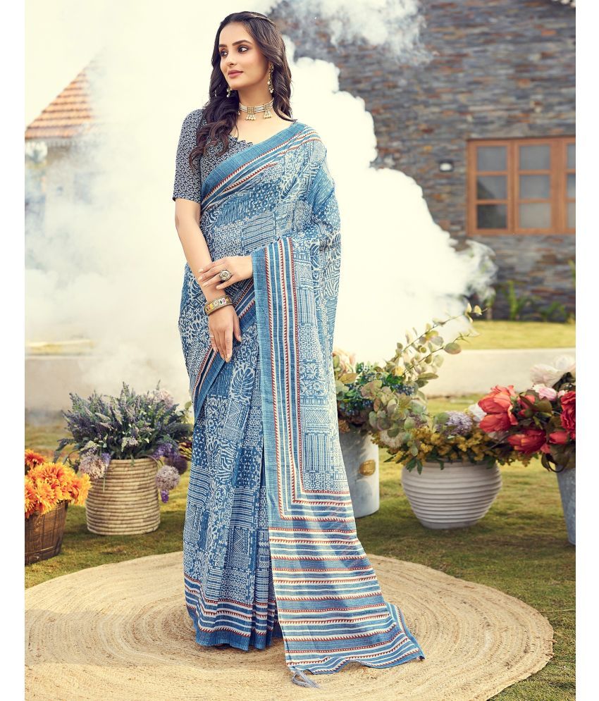     			Satrani Cotton Printed Saree With Blouse Piece - Blue ( Pack of 1 )