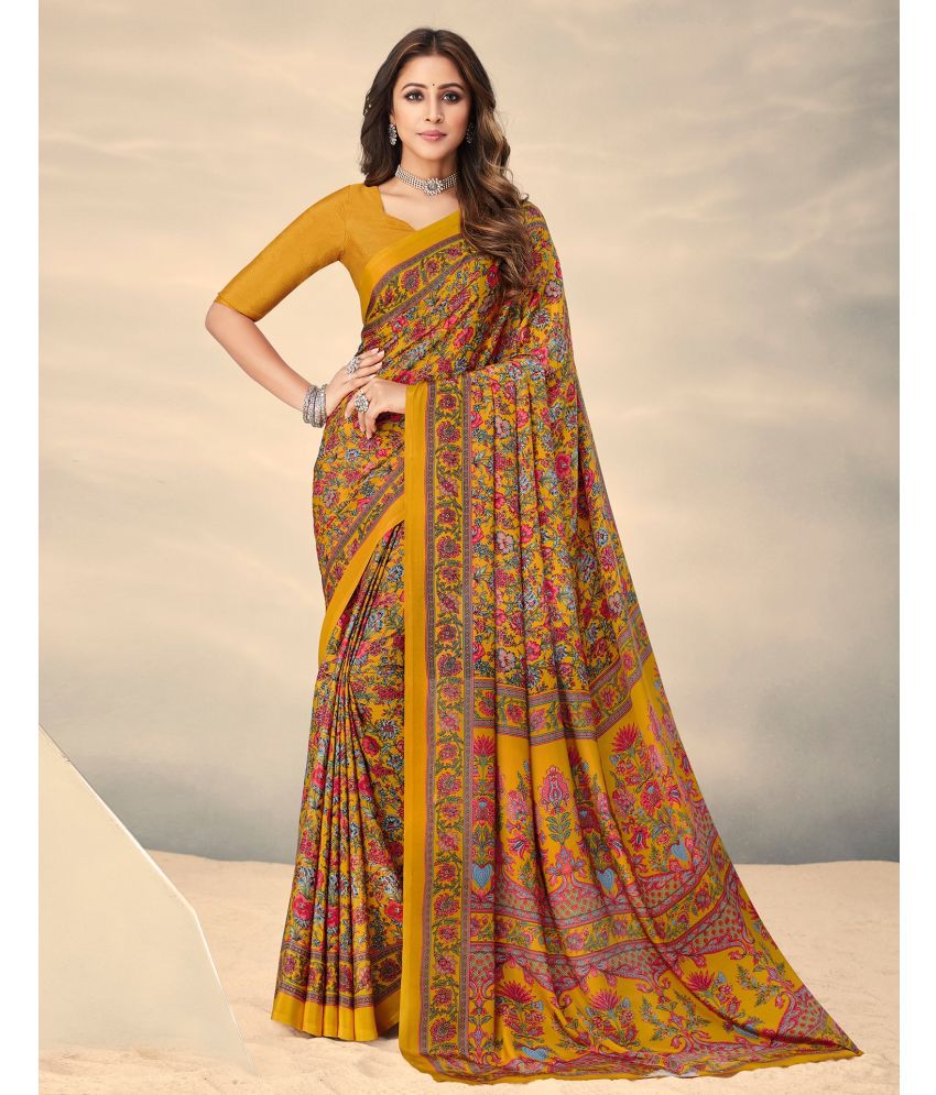     			Satrani Silk Printed Saree With Blouse Piece - Yellow ( Pack of 1 )