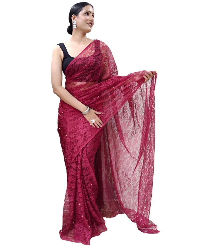     			Sidhidata Net Solid Saree With Blouse Piece - Maroon ( Pack of 1 )