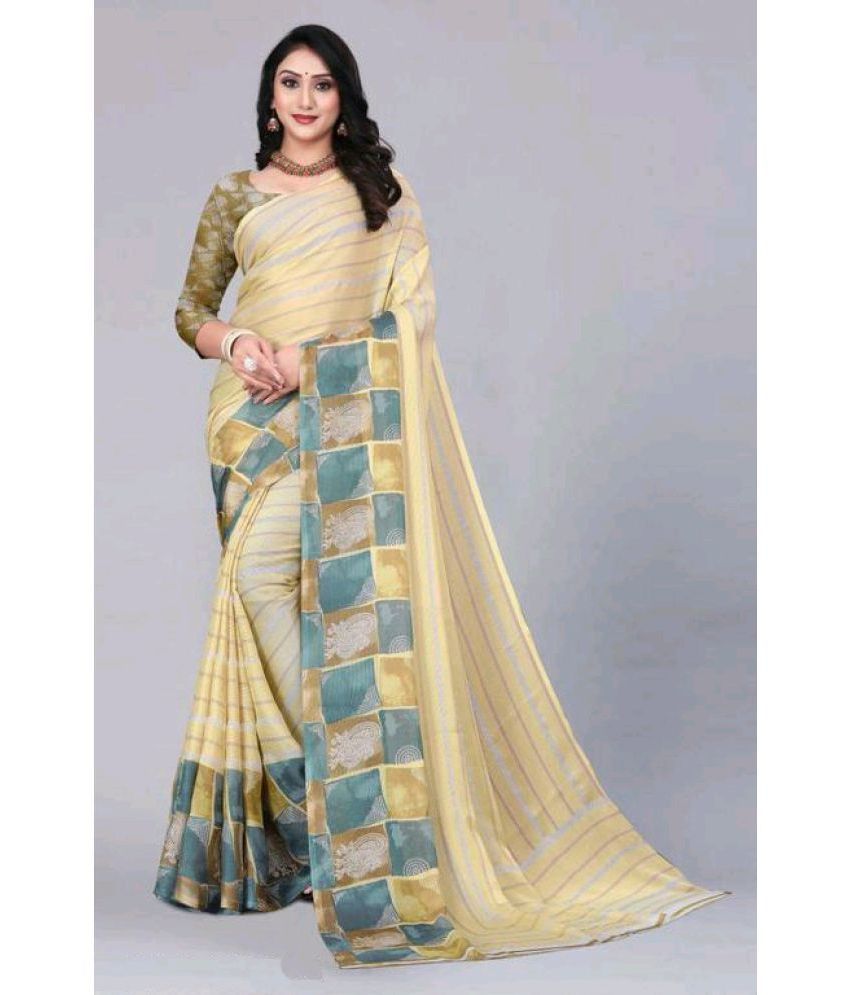     			Bhuwal Fashion Chiffon Striped Saree With Blouse Piece - Beige ( Pack of 1 )