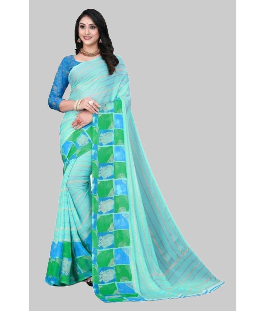     			Bhuwal Fashion Chiffon Striped Saree With Blouse Piece - SkyBlue ( Pack of 1 )