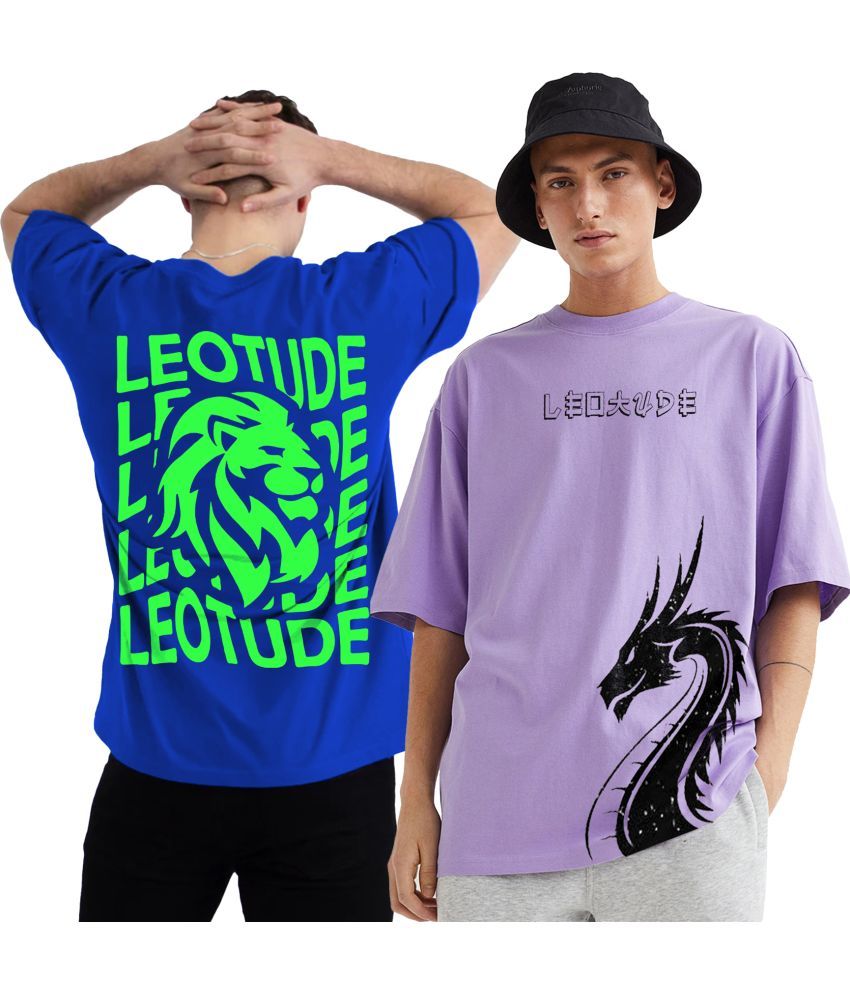     			Leotude Cotton Blend Oversized Fit Printed Half Sleeves Men's T-Shirt - Purple ( Pack of 2 )