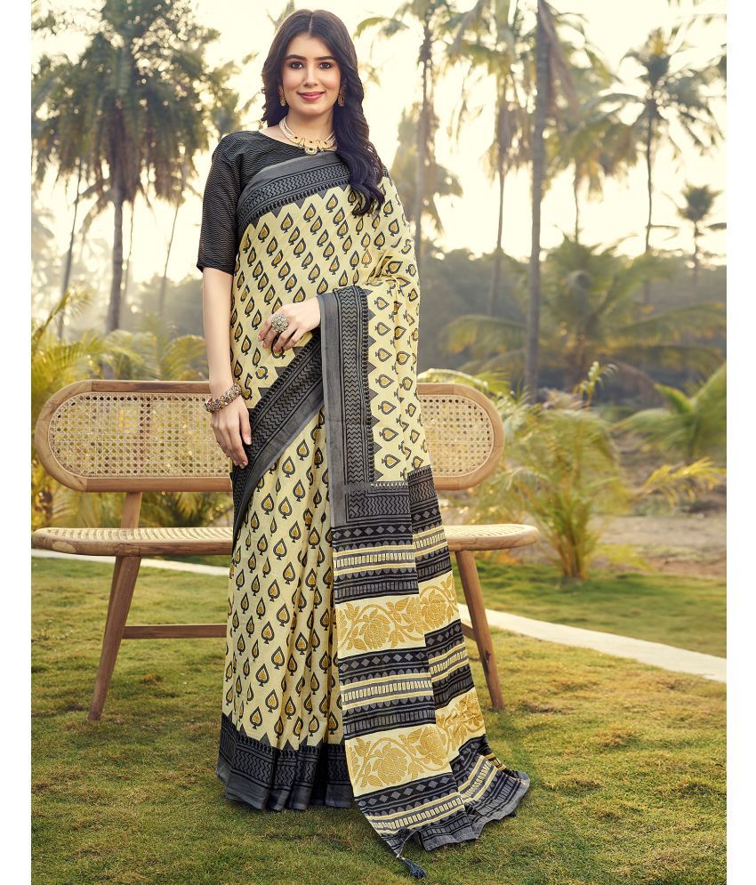     			Samah Cotton Printed Saree With Blouse Piece - Yellow1 ( Pack of 1 )