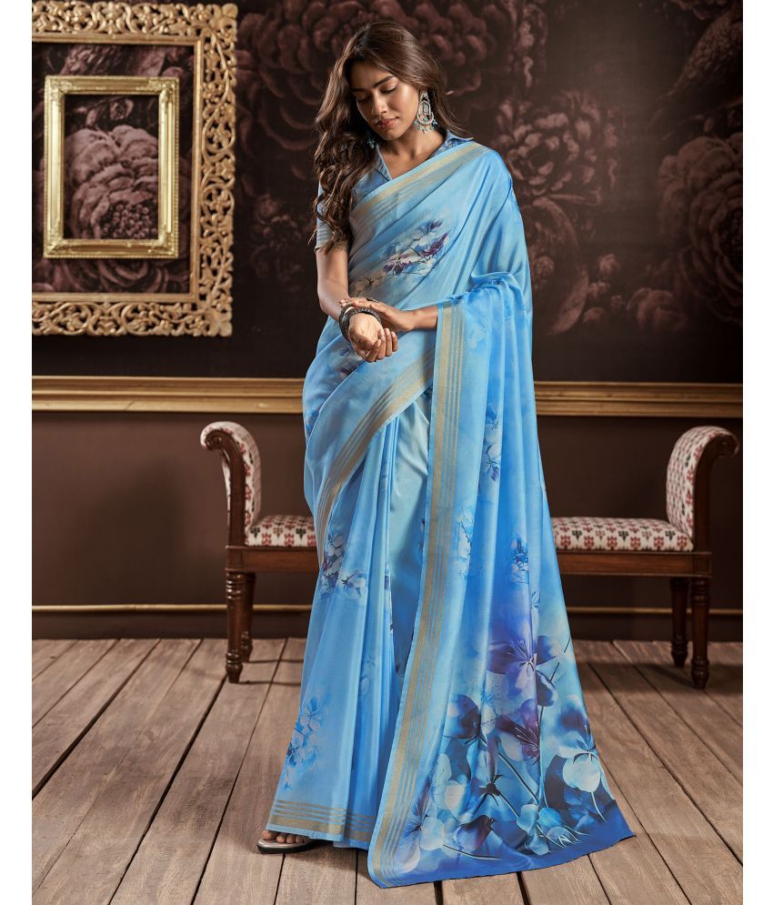     			Samah Cotton Silk Printed Saree With Blouse Piece - Blue ( Pack of 1 )