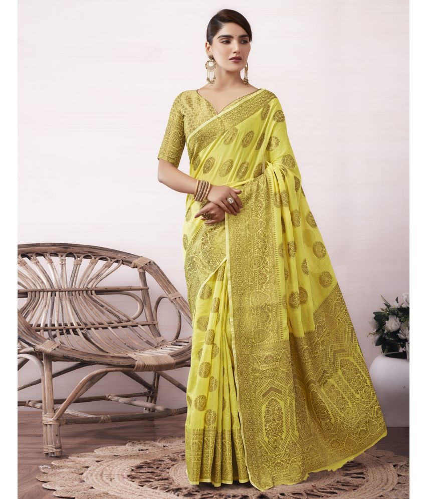     			Samah Cotton Silk Self Design Saree With Blouse Piece - Yellow ( Pack of 1 )