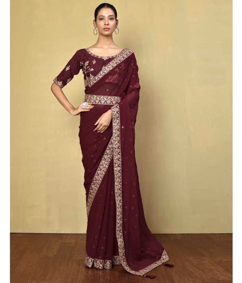     			Samah Georgette Embellished Saree With Blouse Piece - Wine ( Pack of 1 )