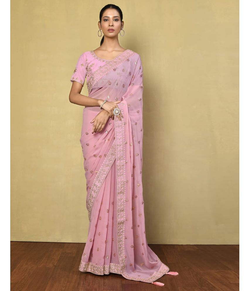     			Samah Georgette Embellished Saree With Blouse Piece - Pink ( Pack of 1 )