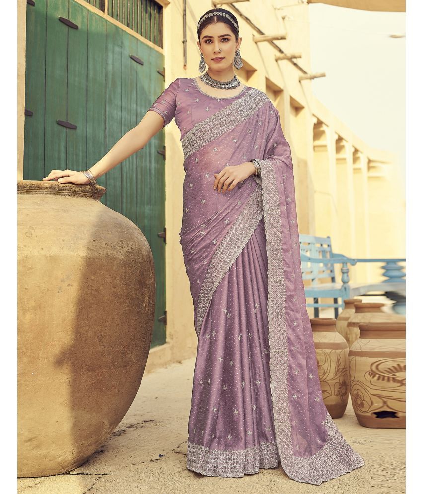     			Samah Georgette Embroidered Saree With Blouse Piece - Mauve ( Pack of 1 )