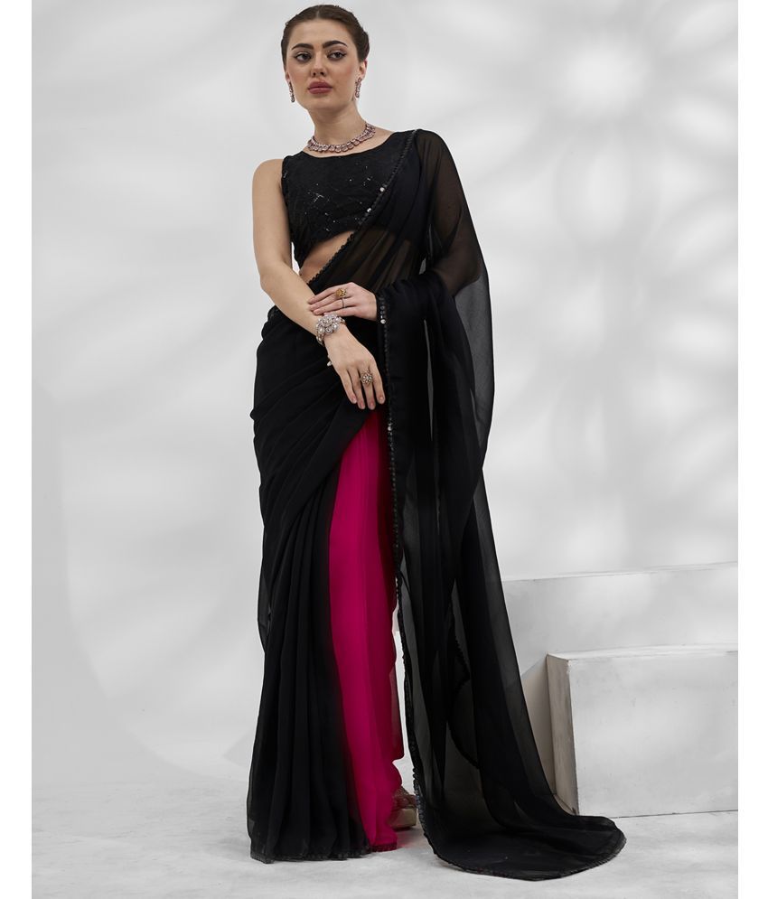     			Samah Georgette Solid Saree With Blouse Piece - Black ( Pack of 1 )