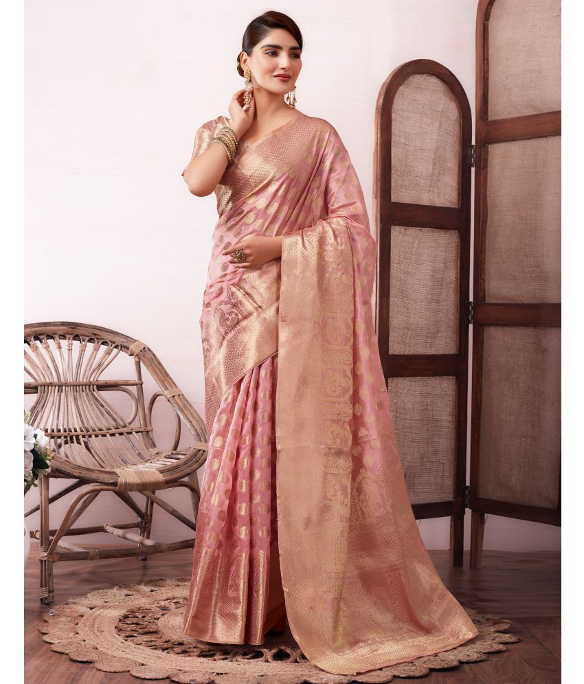     			Samah Organza Self Design Saree With Blouse Piece - Peach ( Pack of 1 )