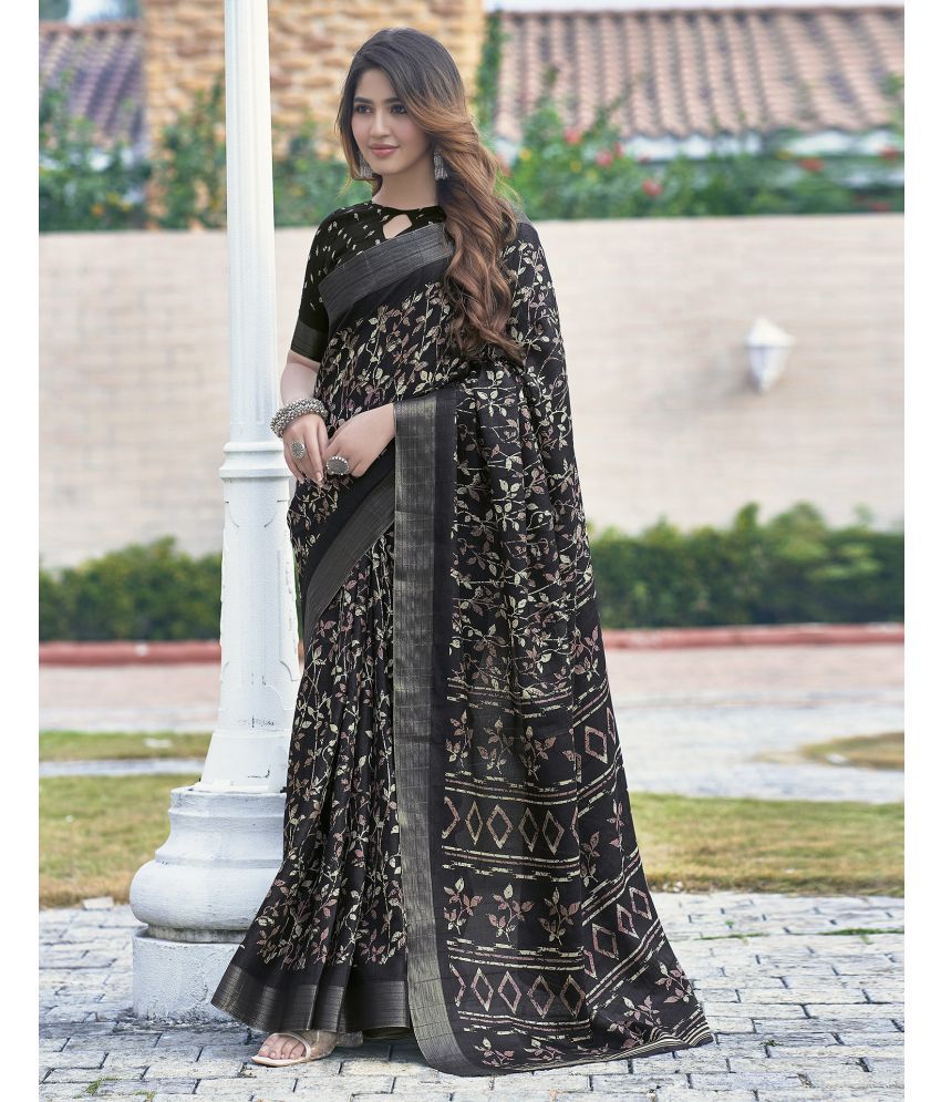     			Samah Silk Printed Saree With Blouse Piece - Black ( Pack of 1 )