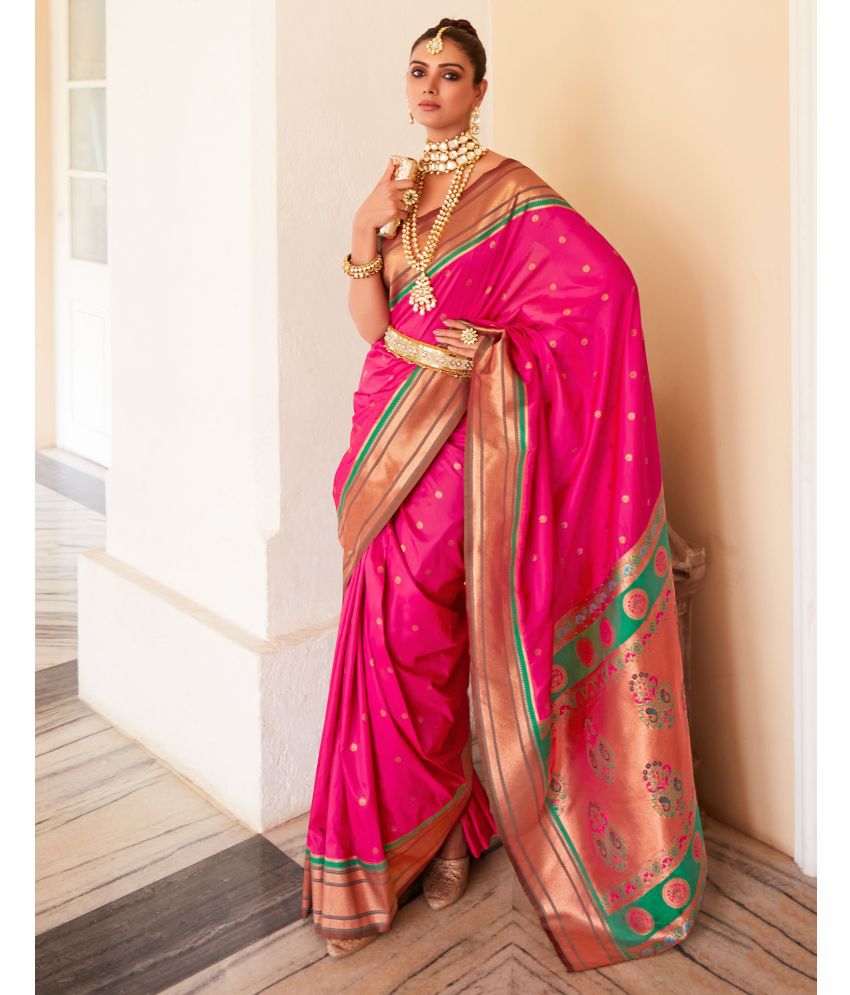     			Samah Silk Woven Saree With Blouse Piece - Pink ( Pack of 1 )